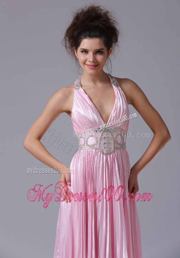 Halter for Pink Long Dresses for Prom with Beading and Pleats