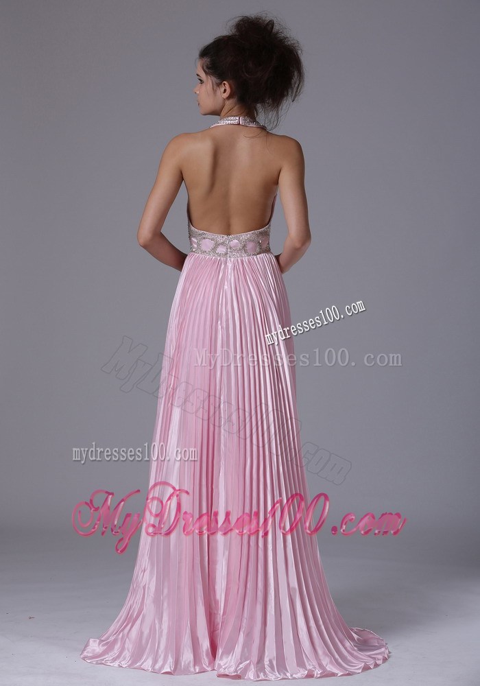 Halter for Pink Long Dresses for Prom with Beading and Pleats