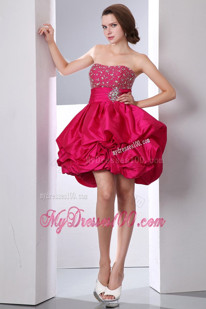 Hot Pink A-line Mini-length Beading and Pick-Ups Decorated Prom Dress