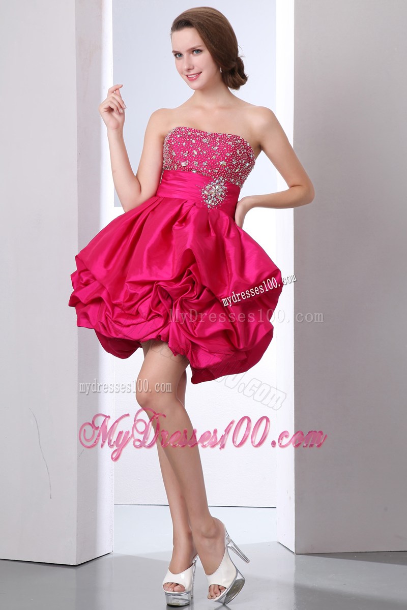 Hot Pink A-line Mini-length Beading and Pick-Ups Decorated Prom Dress