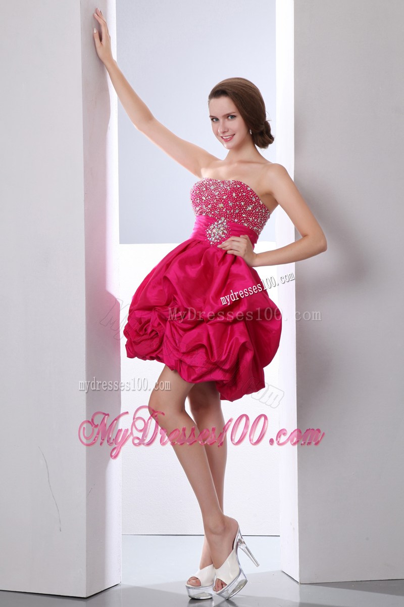 Hot Pink A-line Mini-length Beading and Pick-Ups Decorated Prom Dress
