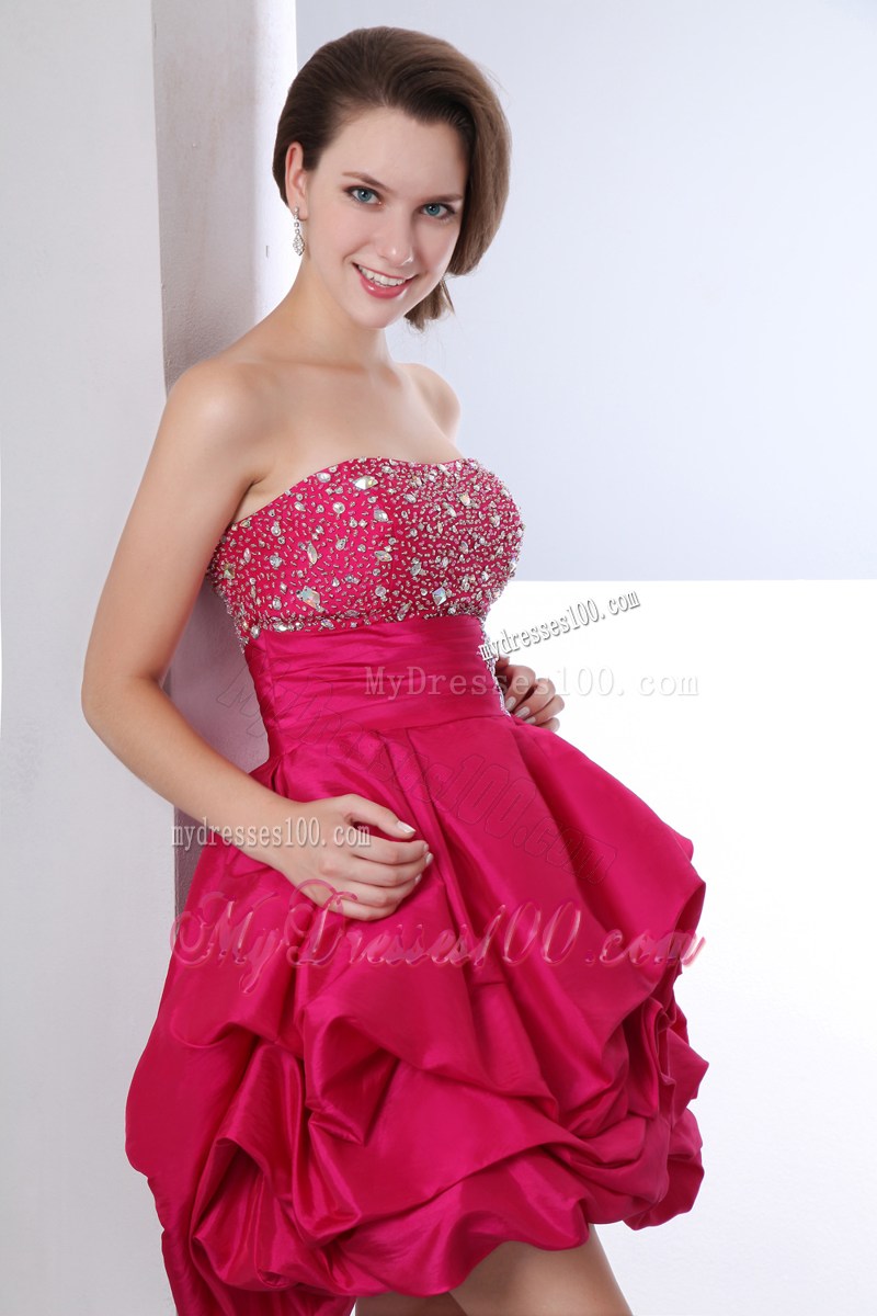 Hot Pink A-line Mini-length Beading and Pick-Ups Decorated Prom Dress
