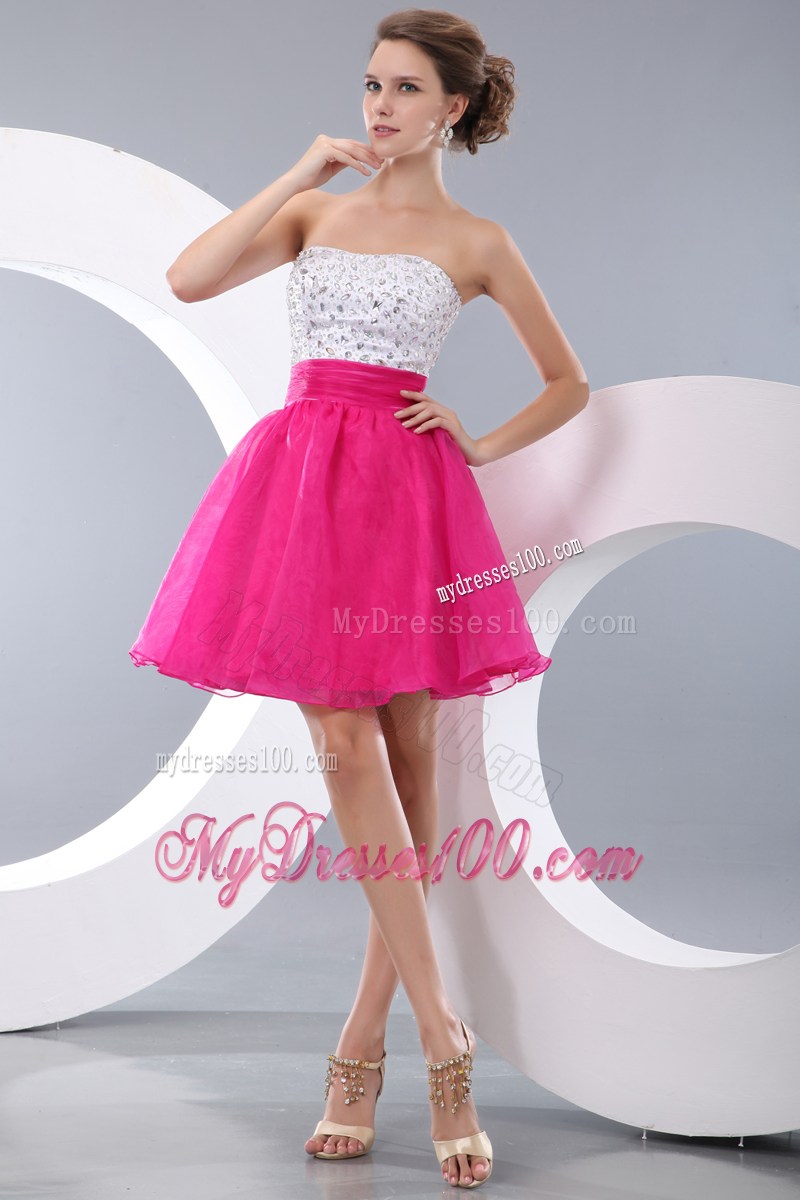 Strapless Beaded A-line Mini Prom Dress in White and Hot Pink