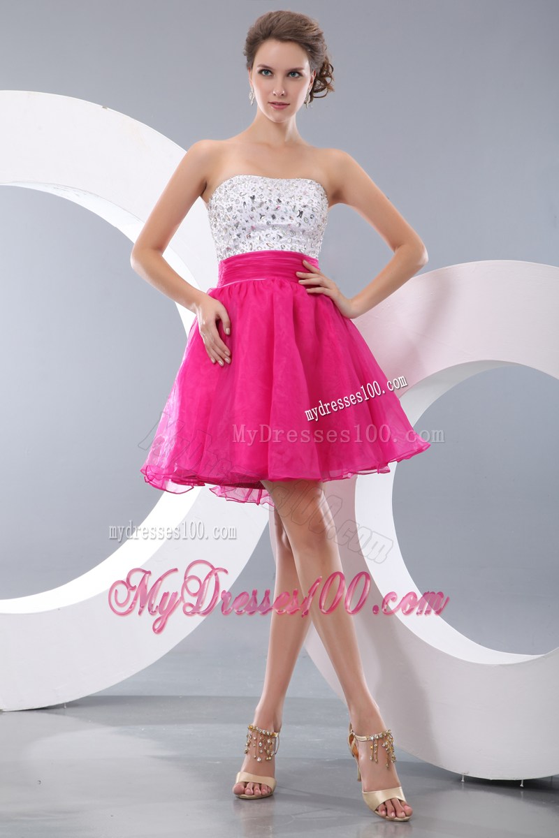 Strapless Beaded A-line Mini Prom Dress in White and Hot Pink