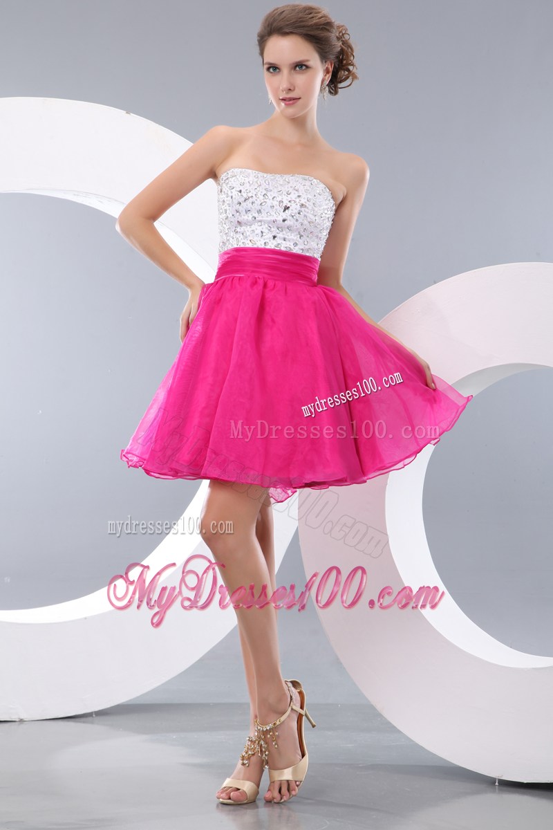Strapless Beaded A-line Mini Prom Dress in White and Hot Pink