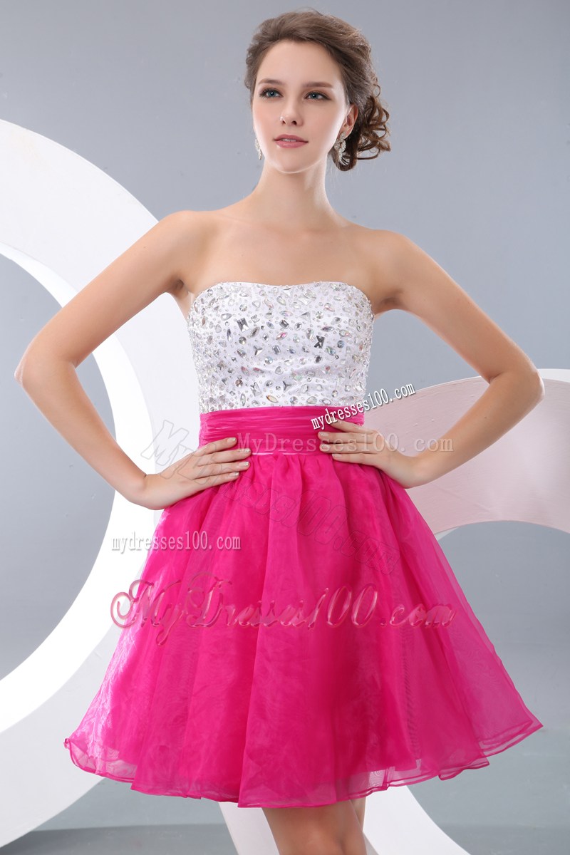 Strapless Beaded A-line Mini Prom Dress in White and Hot Pink
