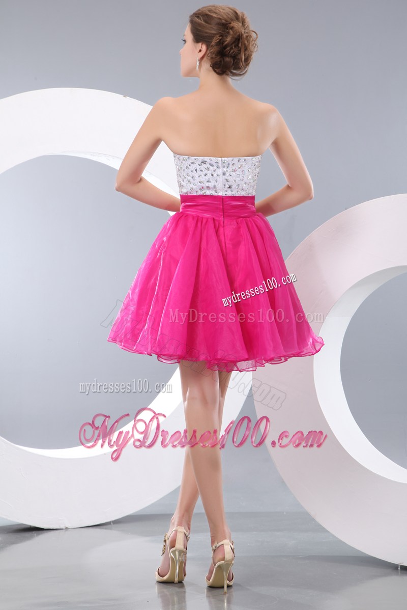 Strapless Beaded A-line Mini Prom Dress in White and Hot Pink
