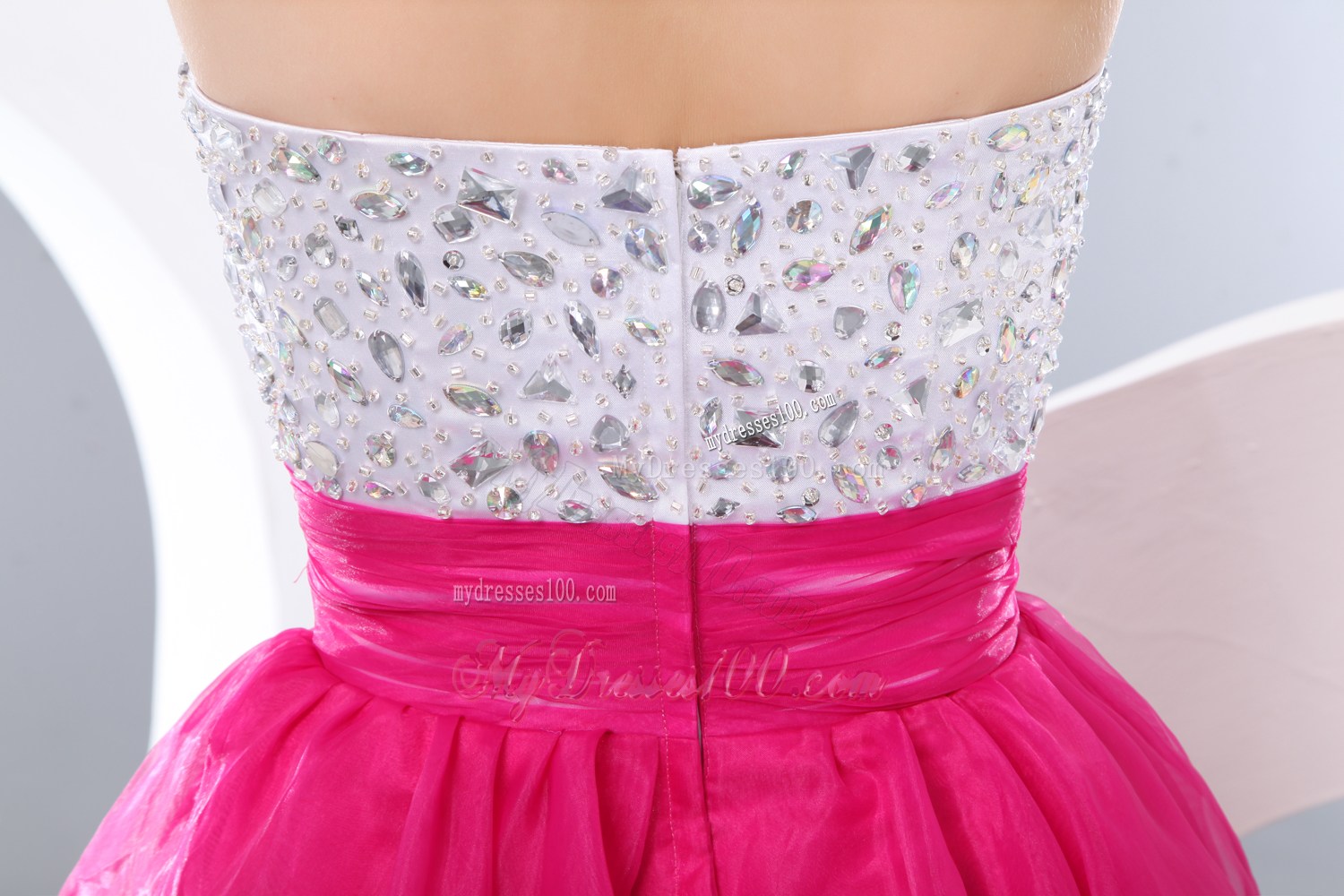 Strapless Beaded A-line Mini Prom Dress in White and Hot Pink