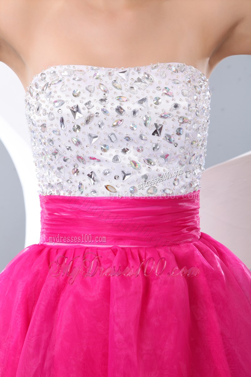 Strapless Beaded A-line Mini Prom Dress in White and Hot Pink