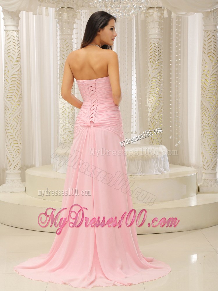 Rhinestones Decorated Ruched Bodice For High Slit Prom Dresses in Pink
