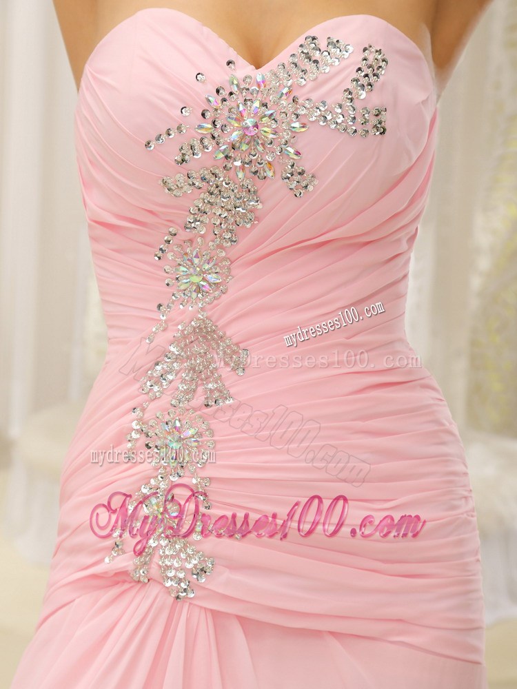Rhinestones Decorated Ruched Bodice For High Slit Prom Dresses in Pink