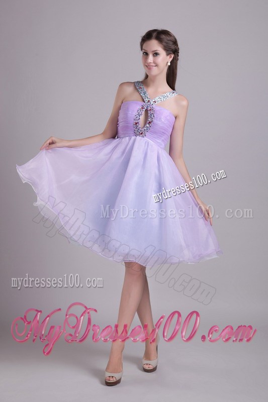 Beaded V-neck Cut Out Decorate Mini Organza Prom Dress in Lilac Color