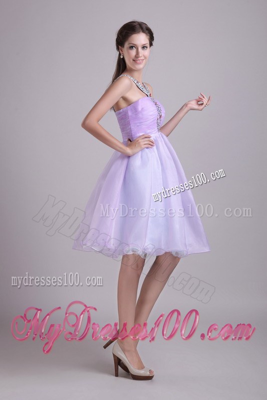 Beaded V-neck Cut Out Decorate Mini Organza Prom Dress in Lilac Color