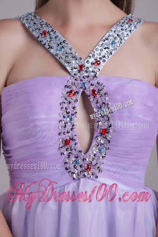 Beaded V-neck Cut Out Decorate Mini Organza Prom Dress in Lilac Color