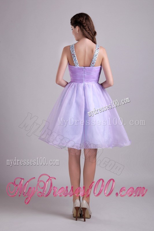 Beaded V-neck Cut Out Decorate Mini Organza Prom Dress in Lilac Color