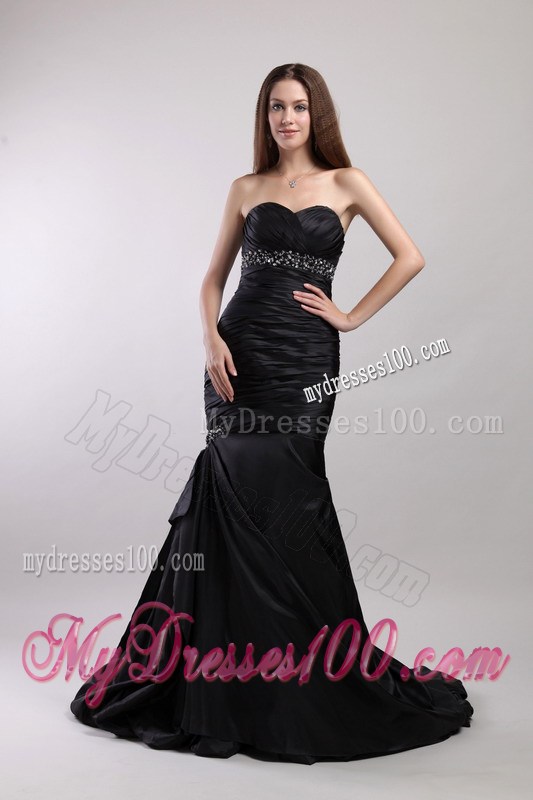 Black Mermaid Ruched Prom Dresses with Court Train and Beading