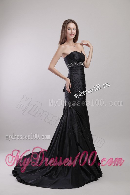 Black Mermaid Ruched Prom Dresses with Court Train and Beading