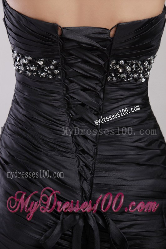 Black Mermaid Ruched Prom Dresses with Court Train and Beading
