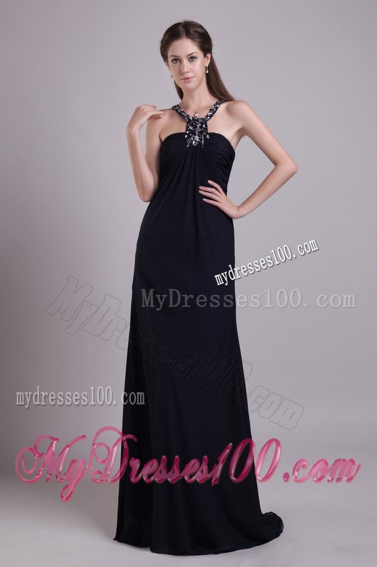 Beaded High-neck Ruched Black Chiffon Prom Gown of Floor-length