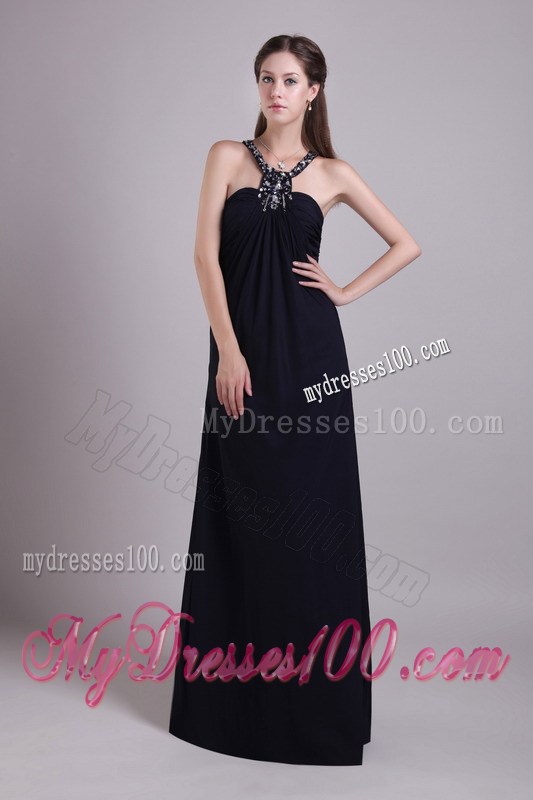 Beaded High-neck Ruched Black Chiffon Prom Gown of Floor-length