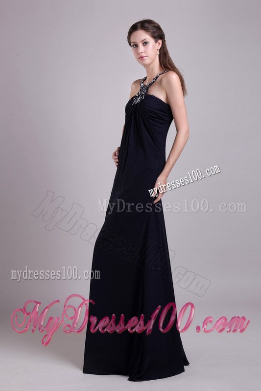 Beaded High-neck Ruched Black Chiffon Prom Gown of Floor-length