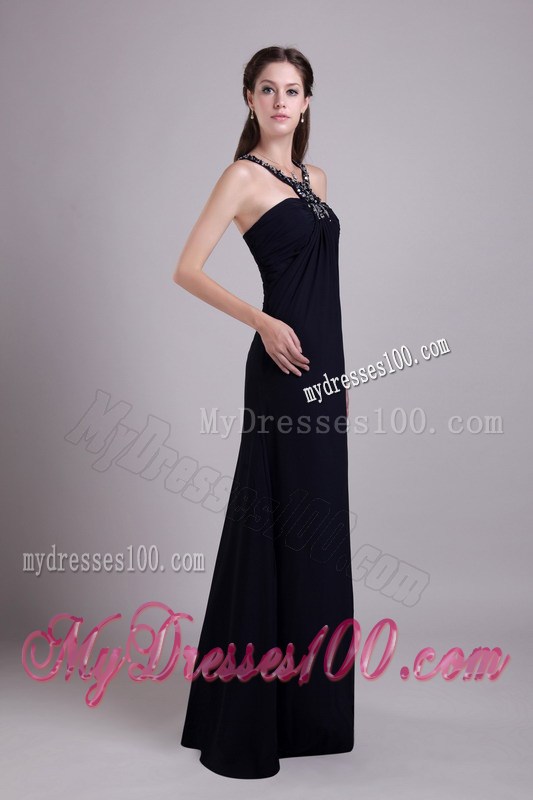 Beaded High-neck Ruched Black Chiffon Prom Gown of Floor-length