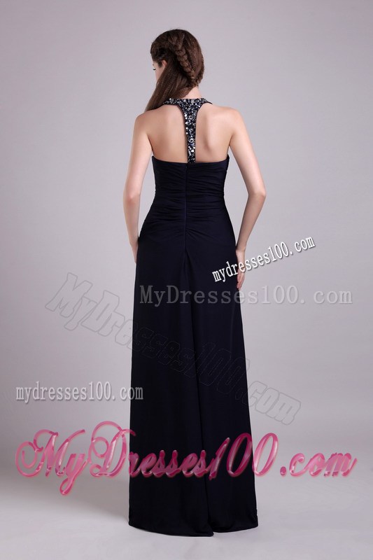 Beaded High-neck Ruched Black Chiffon Prom Gown of Floor-length