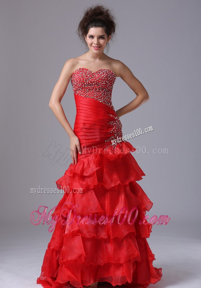 Red Organza Mermaid Prom Dress with Beading and Ruffled Layers