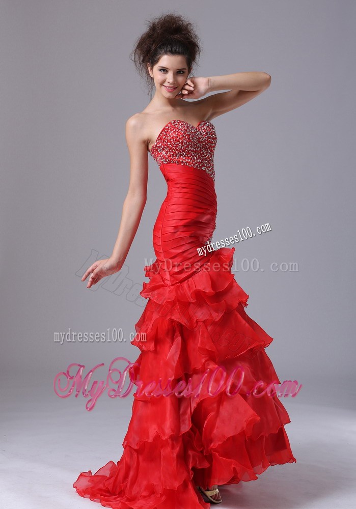Red Organza Mermaid Prom Dress with Beading and Ruffled Layers