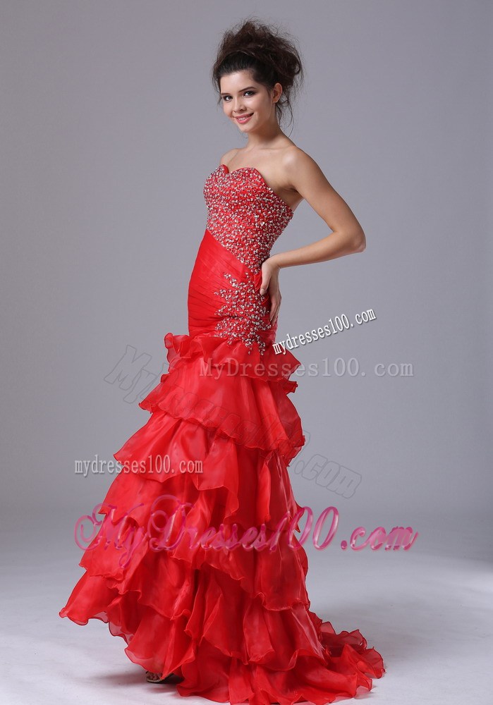 Red Organza Mermaid Prom Dress with Beading and Ruffled Layers