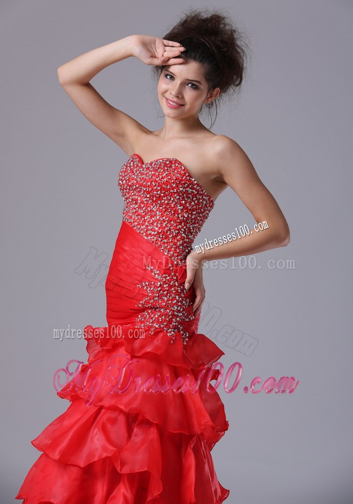 Red Organza Mermaid Prom Dress with Beading and Ruffled Layers
