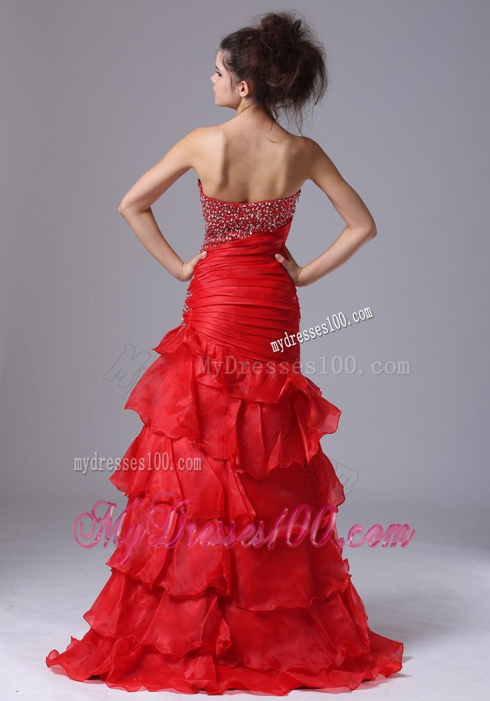 Red Organza Mermaid Prom Dress with Beading and Ruffled Layers