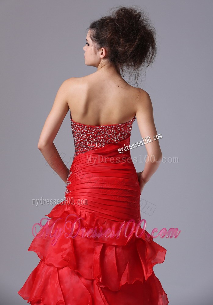 Red Organza Mermaid Prom Dress with Beading and Ruffled Layers
