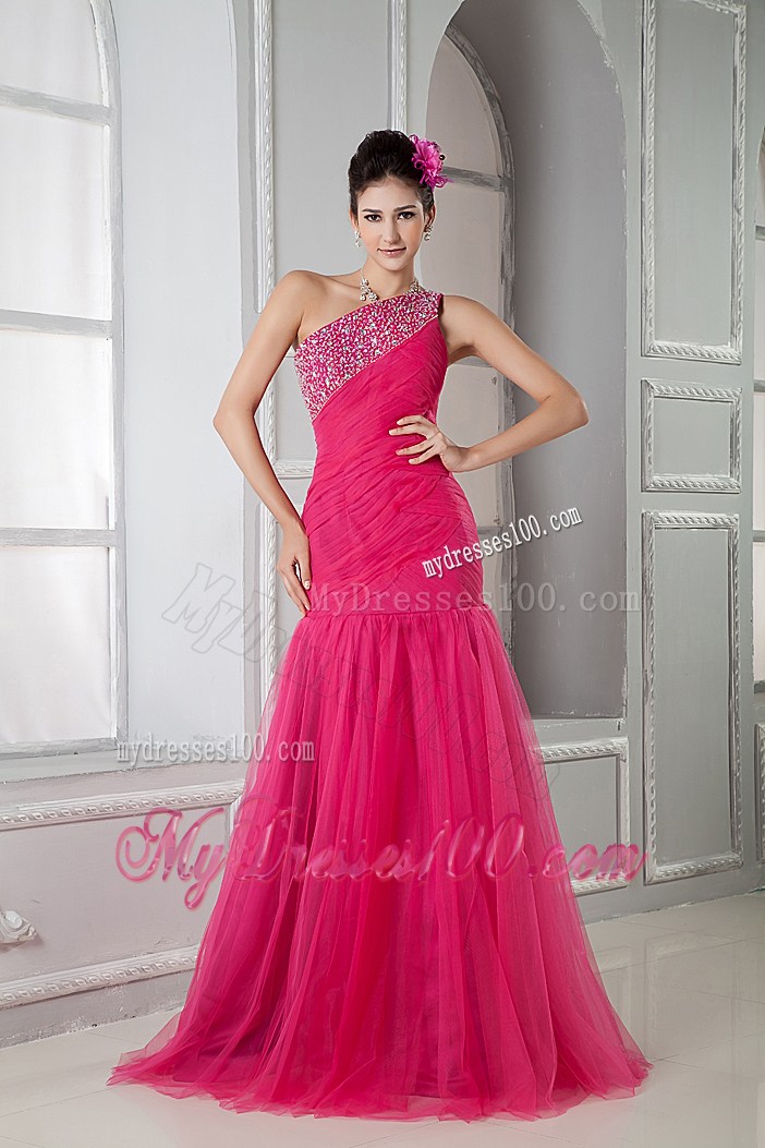 Beaded One Shoulder Mermaid Tulle Prom Dress in Coral Red