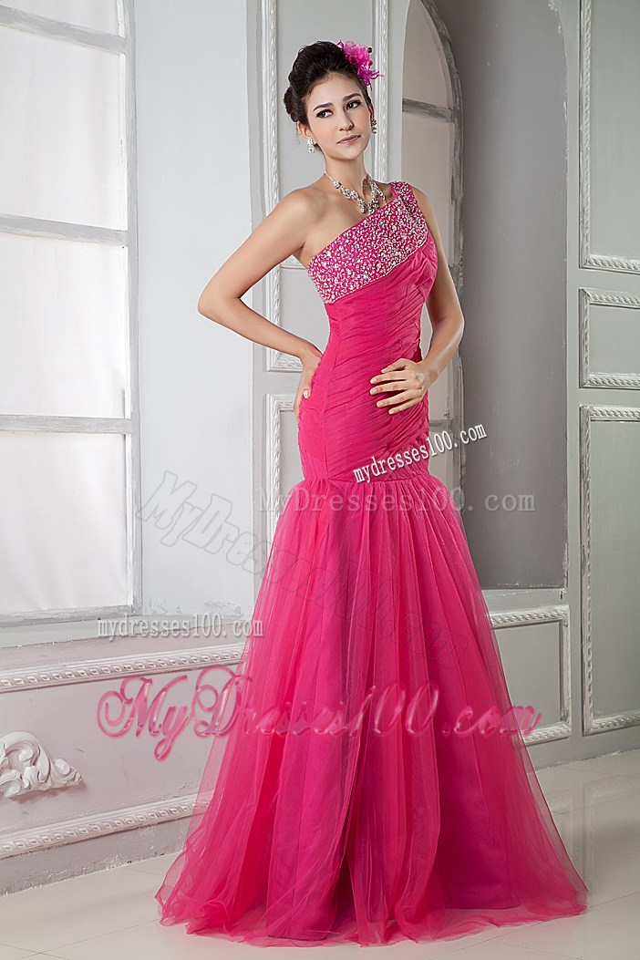 Beaded One Shoulder Mermaid Tulle Prom Dress in Coral Red