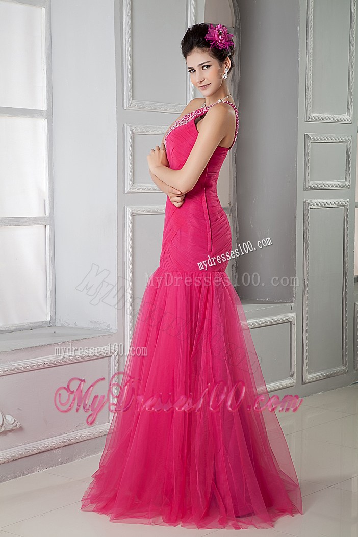 Beaded One Shoulder Mermaid Tulle Prom Dress in Coral Red