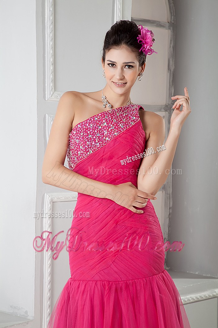 Beaded One Shoulder Mermaid Tulle Prom Dress in Coral Red