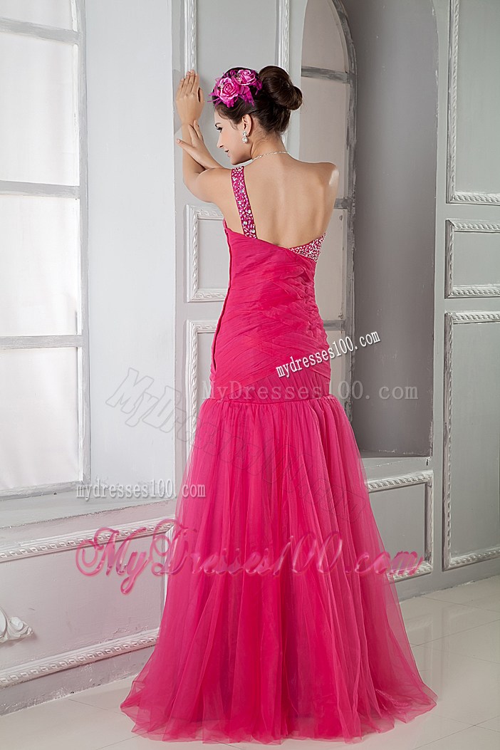 Beaded One Shoulder Mermaid Tulle Prom Dress in Coral Red