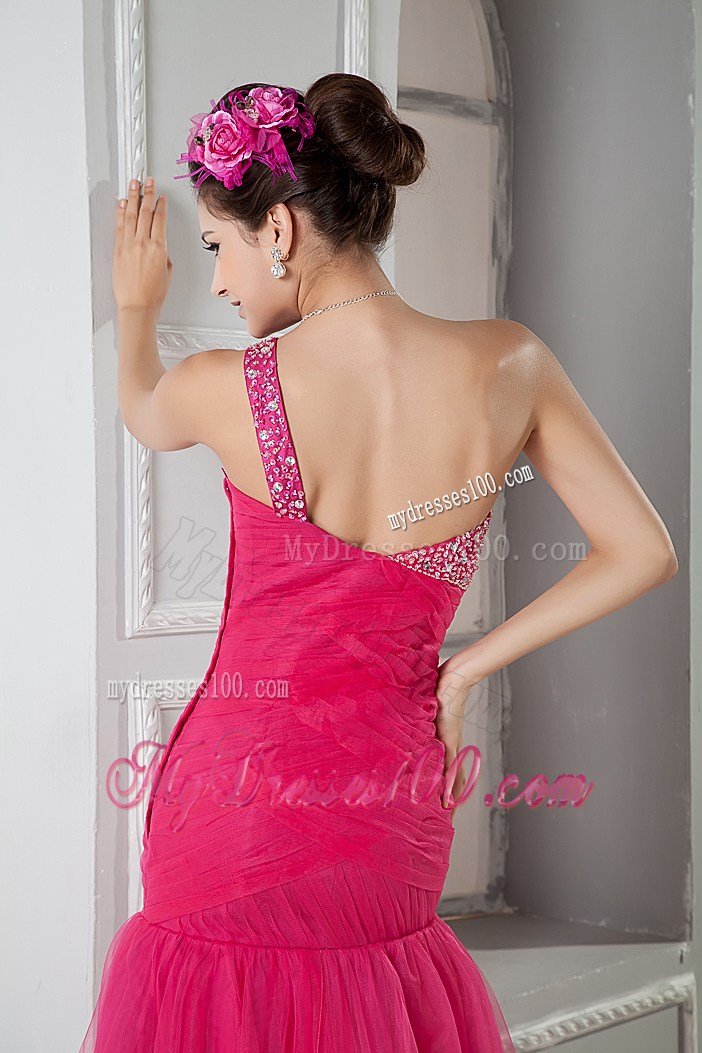 Beaded One Shoulder Mermaid Tulle Prom Dress in Coral Red