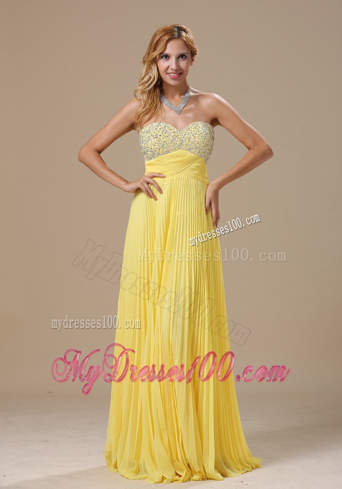 Beaded Sweetheart Strapless Prom Dress in Yellow Pleated Chiffon