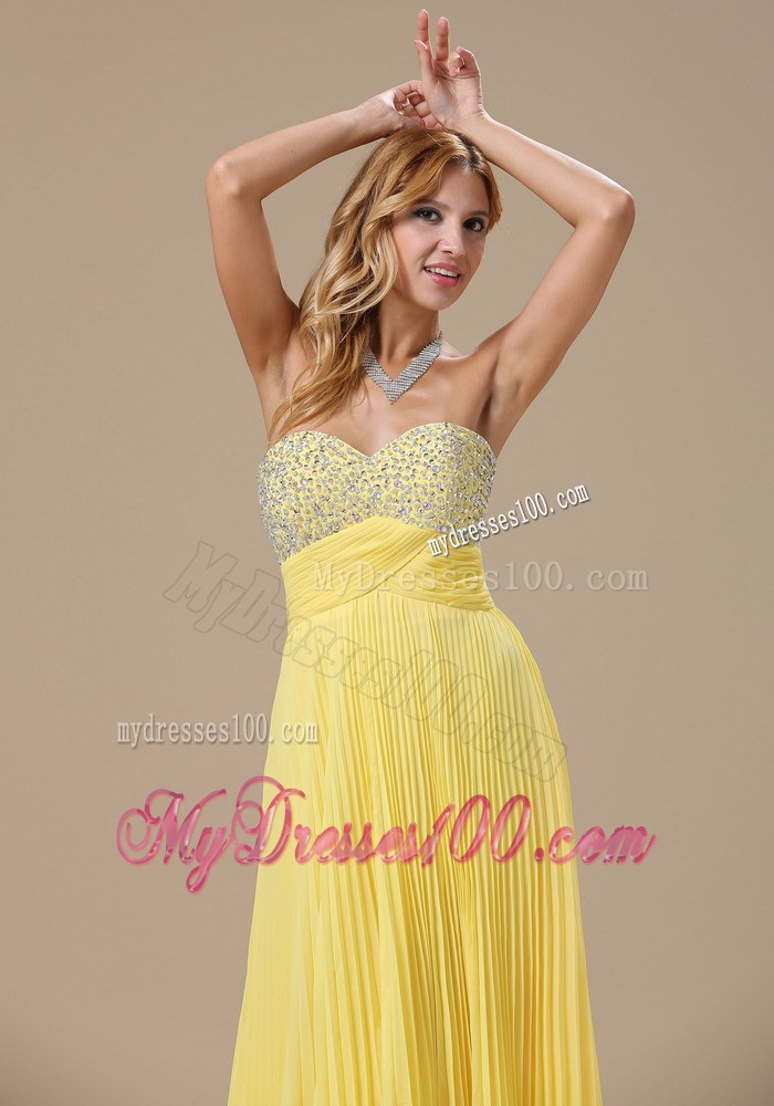 Beaded Sweetheart Strapless Prom Dress in Yellow Pleated Chiffon