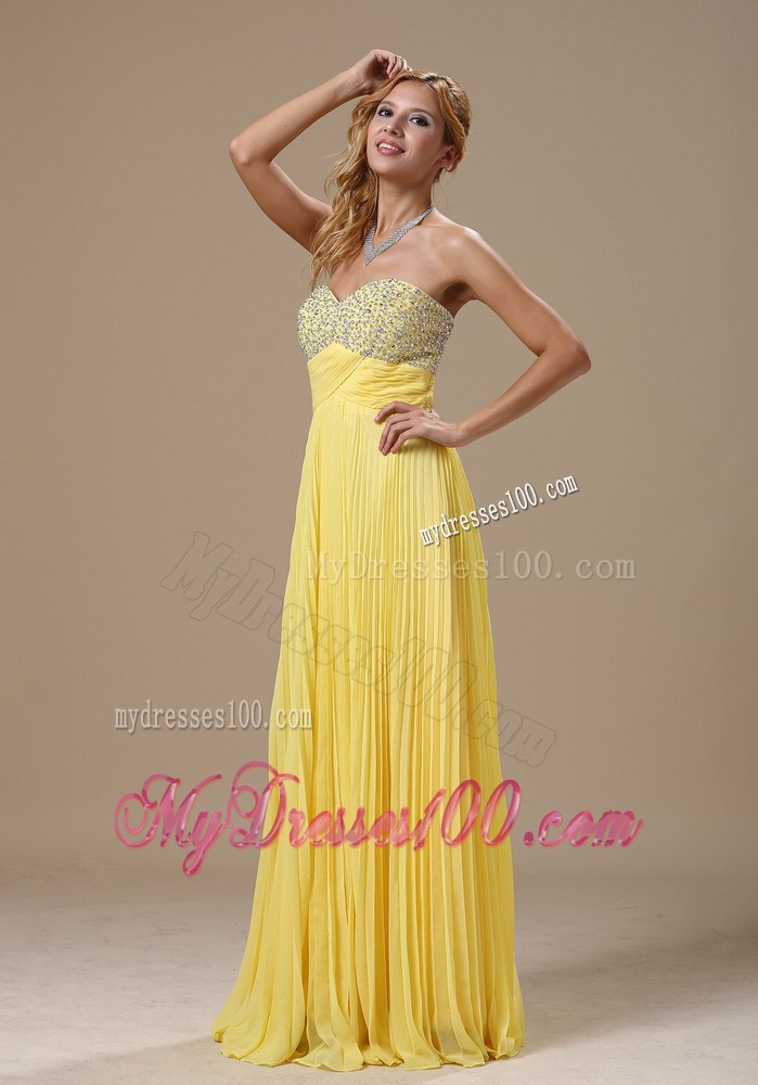 Beaded Sweetheart Strapless Prom Dress in Yellow Pleated Chiffon