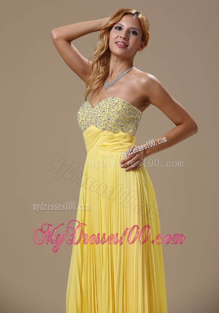 Beaded Sweetheart Strapless Prom Dress in Yellow Pleated Chiffon