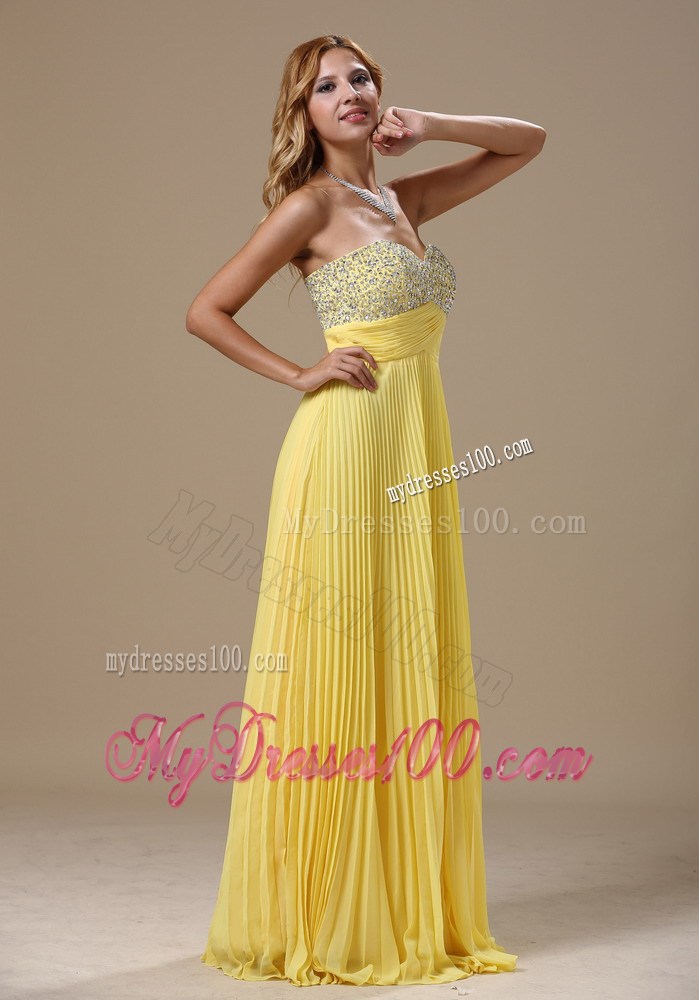 Beaded Sweetheart Strapless Prom Dress in Yellow Pleated Chiffon