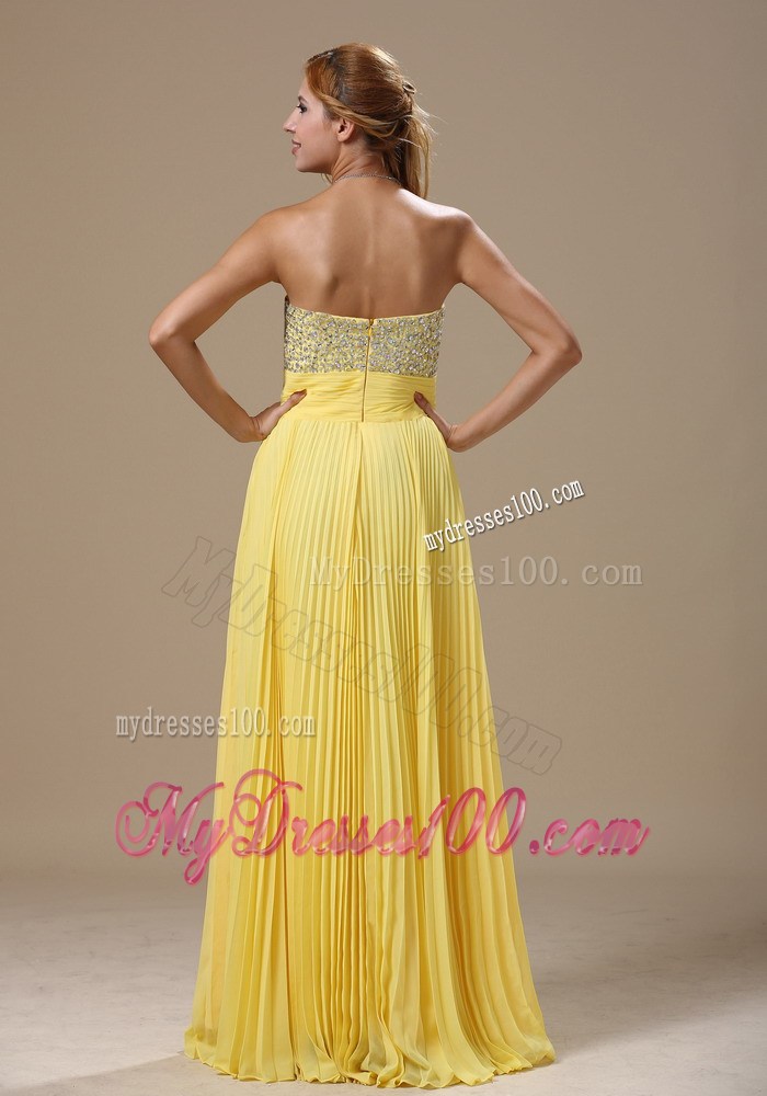 Beaded Sweetheart Strapless Prom Dress in Yellow Pleated Chiffon