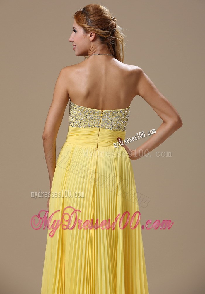 Beaded Sweetheart Strapless Prom Dress in Yellow Pleated Chiffon