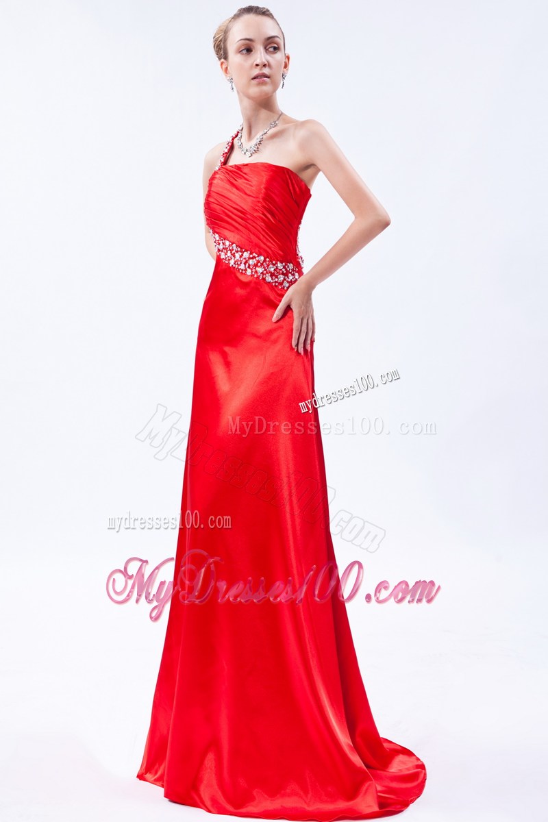 Red One Shoulder Beading and Ruche Decorated Prom Dress with Back Out