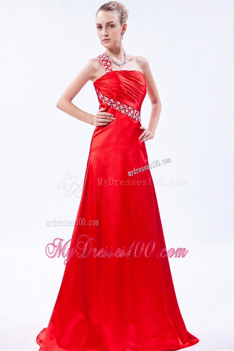 Red One Shoulder Beading and Ruche Decorated Prom Dress with Back Out