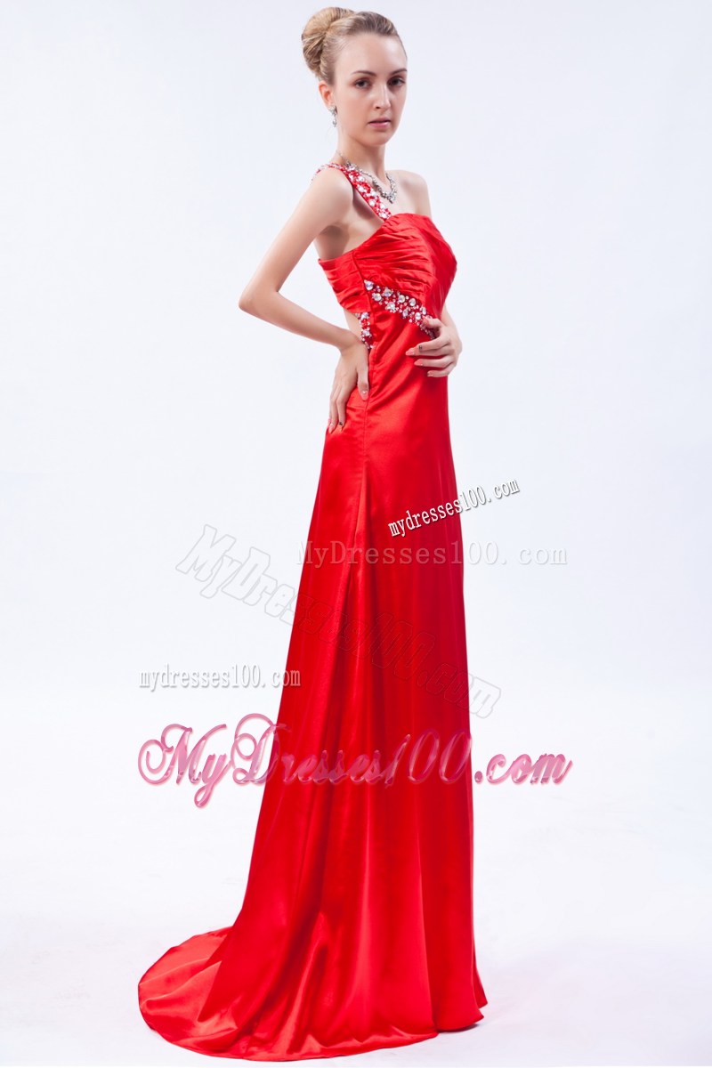 Red One Shoulder Beading and Ruche Decorated Prom Dress with Back Out