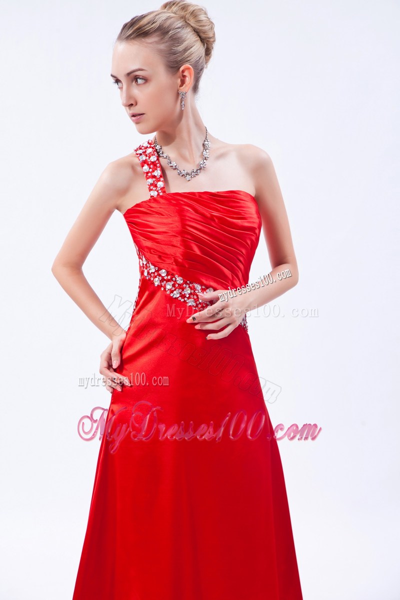 Red One Shoulder Beading and Ruche Decorated Prom Dress with Back Out